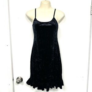 Vintage 90s slip dress blue crushed velour Small Stretch Ruffle hem